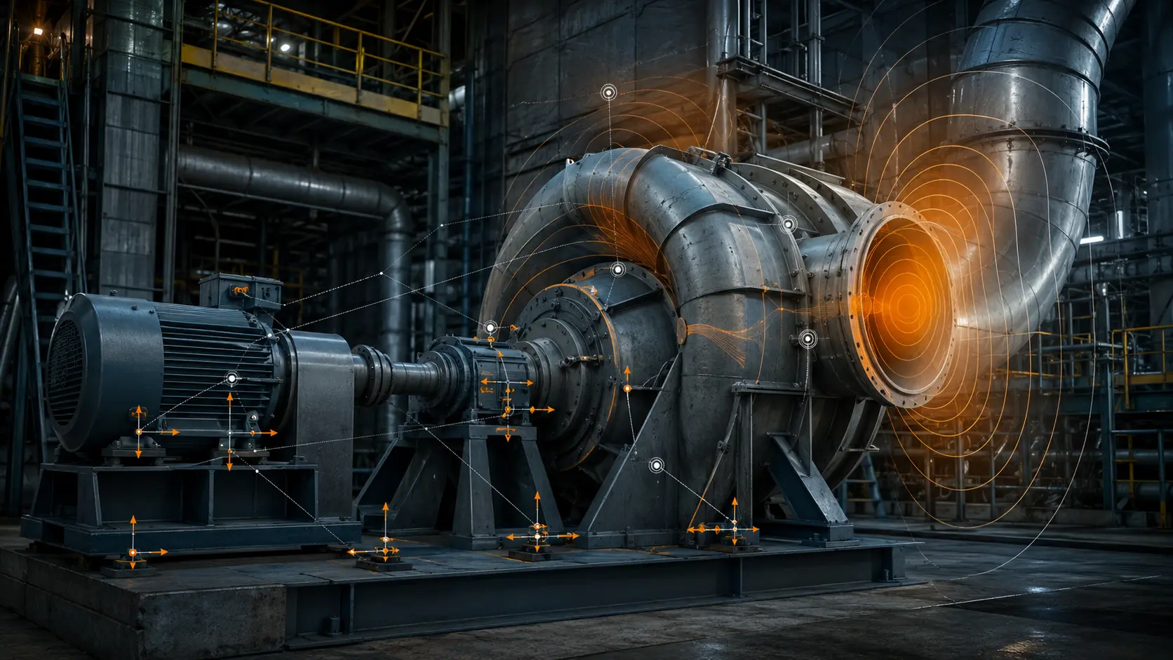 Industrial rotating equipment with acoustic radiation, vibration sensors and source-path analysis